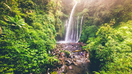 Tiu Kelep Waterfall Near Rinjani in Lombok Island, Indonesia