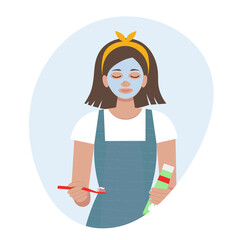 Woman does skin care procedures and brushes her teeth. Vector illustration in flat style