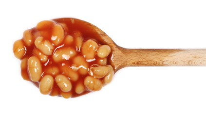 Cooked white beans in red tomato sauce with wooden spoon isolated, top view
