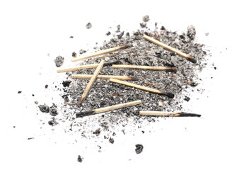 Cigarette ash with extinguished, used up matchsticks, matches isolated on white background