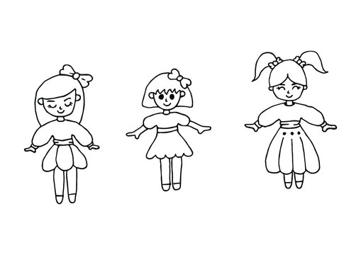 Three cute cartoon girls on a white background, little Princess girl. Vector illustration.