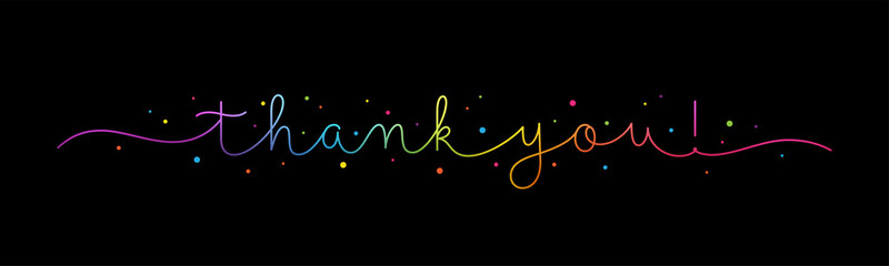 THANK YOU! rainbow vector monoline calligraphy banner with colorful confetti on black background