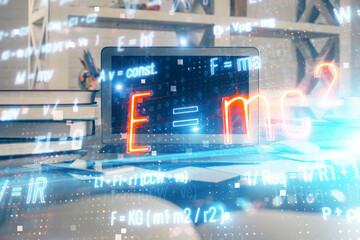 Desktop computer background and formula hologram writing. Double exposure. Education concept.