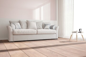 Fototapeta na wymiar modern room with sofa,pillows,table and curtains interior design. 3D illustration
