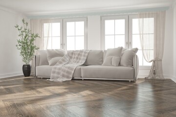 modern room with sofa,plants and curtains interior design. 3D illustration