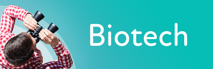 Biotech. Mann mit Fernglas aus Vogelperspektive. Beobachtung, Draufsicht, Panorama. Business Text...
