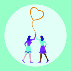 Lesbian couple in happy pride parade. LGBT Pride Month in June. Lesbian Gay Bisexual Transgender. Celebrated annual. LGBT flag. Rainbow love concept. Human rights and tolerance. Poster, card, banner.