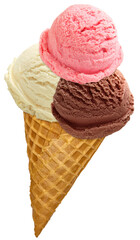 Vanilla, strawberry and chocolate ice cream scoops with cone isolated on white background including clipping path