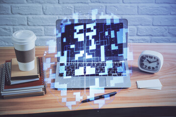 Technology theme drawing and table with computer. Double exposure. Concept of information.