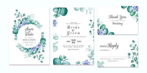 Wedding invitation template set with watercolor eucalyptus and blue flowers. Floral frame and border decoration for card composition design