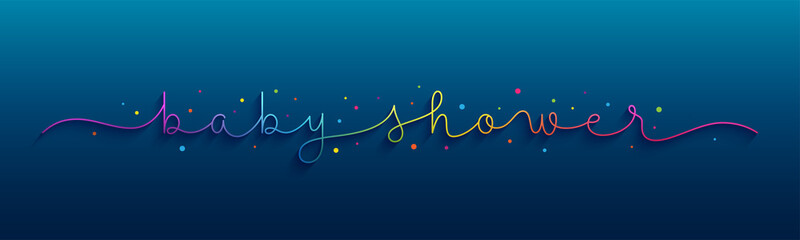 Fototapeta na wymiar BLUE SHOWER rainbow vector monoline calligraphy banner with colorful hearts on dark blue background