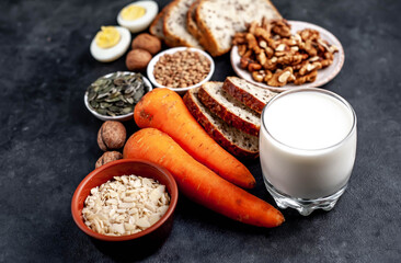 Products containing vitamins B1 (thiamine) on a stone background