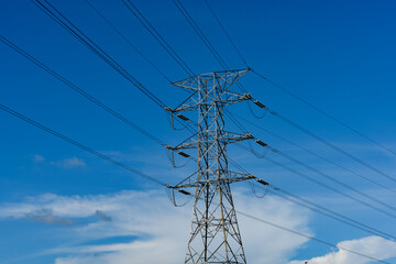 Kuching, Sarawak / Malaysia - August 28, 2017: Power pole and cables in blue sky.