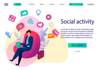 Social networking and young generation. Flat emotional vector illustration for website and landing page design of man surfing the internet on his laptop. Around him social media symbols