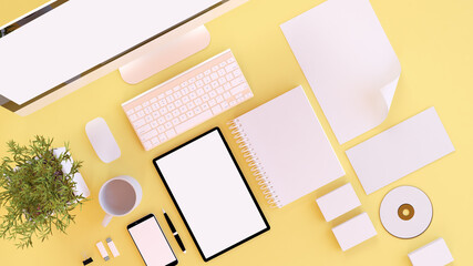 Branding elements on yellow desktop