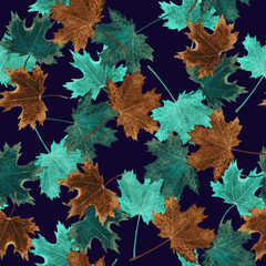 Maple turquoise-green and brown-redleaves, hand painted watercolor illustration seamless pattern design on dark blue
