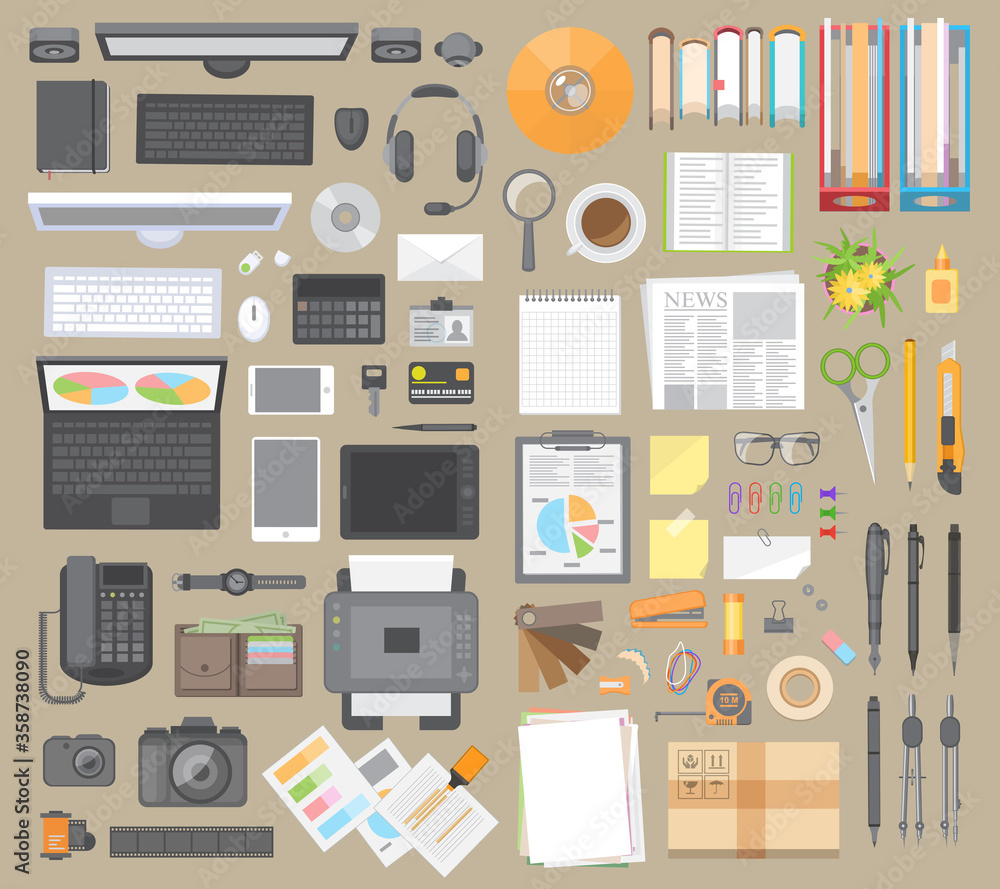 Poster vector set. workspace businessman. items on the desktop. top view. computer hardware and gadgets. st