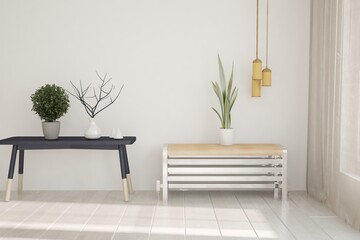 modern room with heating battery,table,curtains,plants and lamps interior design. 3D illustration