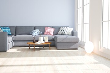 modern room with sofa,pillows,table with furniture,lamp interior design. 3D illustration