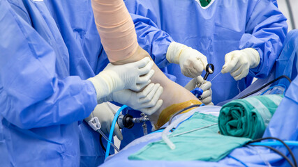 Close up photo of Keyhole surgery.Shoulder joint arthroscopy was perform in modern operating room....