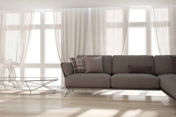 modern room with sofa,table,pillows,curtains interior design. 3D illustration