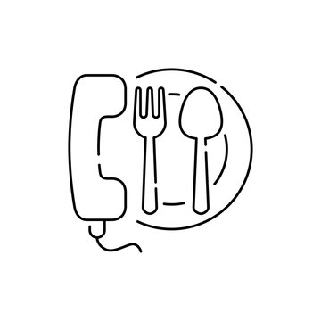 recommend clip art: Concepto reparto de comida a domicilio. Icono plano lineal auricular de teléfono con plato de comida y cubiertos en color negro 