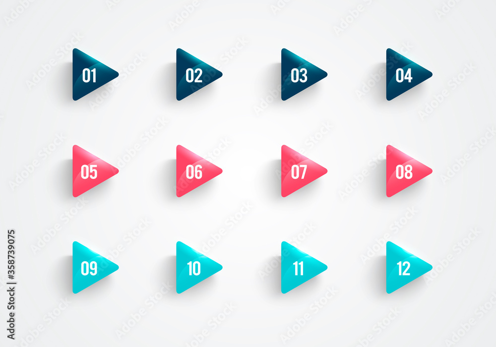Poster vector illustration modern triangle bullet point set. points with number 1 to 12.