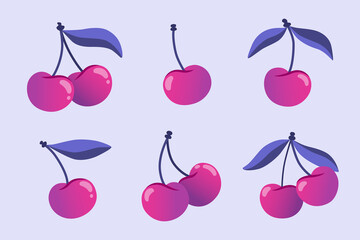 Set of cherry berries with leaves isolated on a light lilac background. Healthy eating,  trendy hand-drawn summer berries. Vector flat illustration
