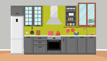 Kitchen modern interior in Scandinavian style, apartment design. Kitchen room with window. Vector illustration in flat style.