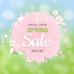 Pink Stain With Flowers Sale Banner Bokeh Background With Gradient Mesh, Vector Illustration