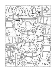 Coloring page with cars, trucks, road signs. High traffic on the road.
