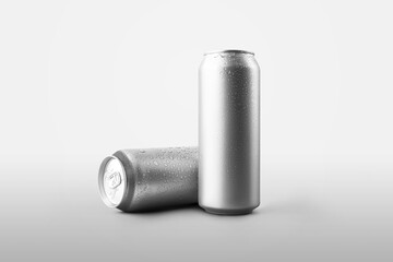 Template carbonate cylindrical containers, standing in the background with shadows, aluminum packaging for a drink.