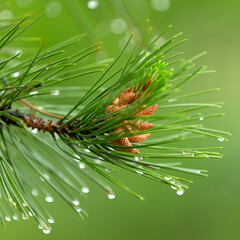 Naklejka na ściany i meble Pine branches close up with raindrops. Macro