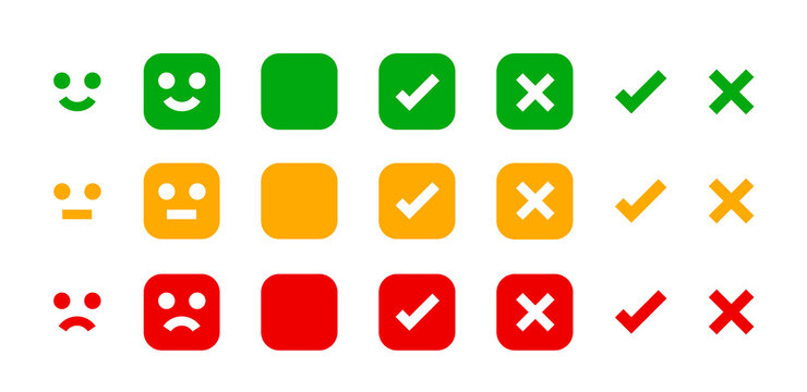 icon emotions face, emotional symbol and approval check sign button, emotions faces and checkmark x or confirm and deny, button checkbox flat for apps, faces icons and checkmark choice for checklist