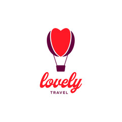 hot air baloon travel logo with love symbol template on white background	
