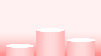 pedestal cylinder circle 3 steps for cosmetics showcase, podium circle stage red pink soft pastel color, platform three steps and advertising copy space, podium round for product display