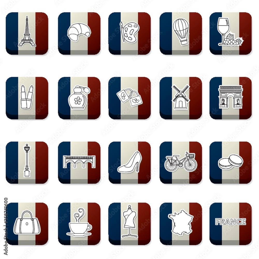 Sticker collection of france icons on france flag