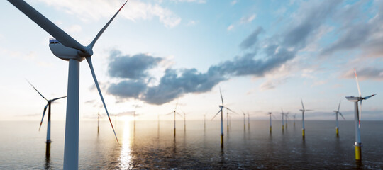 Offshore wind turbines farm on the ocean. Sustainable energy