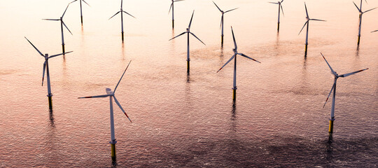 Offshore wind turbines farm on the ocean. Sustainable energy