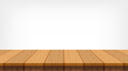 wood plank empty front view for background and copy space, blank table top wooden brown for decoration room, vintage wood plank for background, wooden table on grey wall, table wood plank front view
