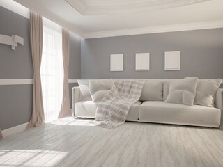 modern room with gray wall,sofa,plaid,pillows,lamp,curtains and empty white frames interior design. 3D illustration