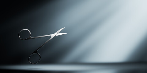Cosmetic steal scissors in spotlight. Banner format.