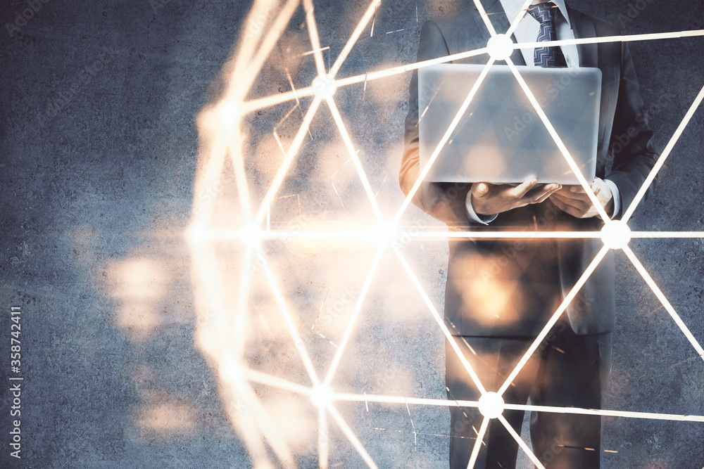Poster media network theme hologram with man working on computer on background. concept of internet communi