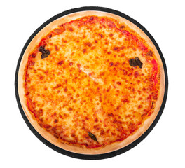 Whole margherita pizza with mozzarella, bocconcini and basil leaves on round slate platter, isolated on white background with clipping path, top view