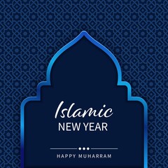 Flat Islamic new year Muharram background template with silhouette of mosque in blue color