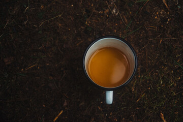 A metal mug with a drink on the forest surface.  A view from above