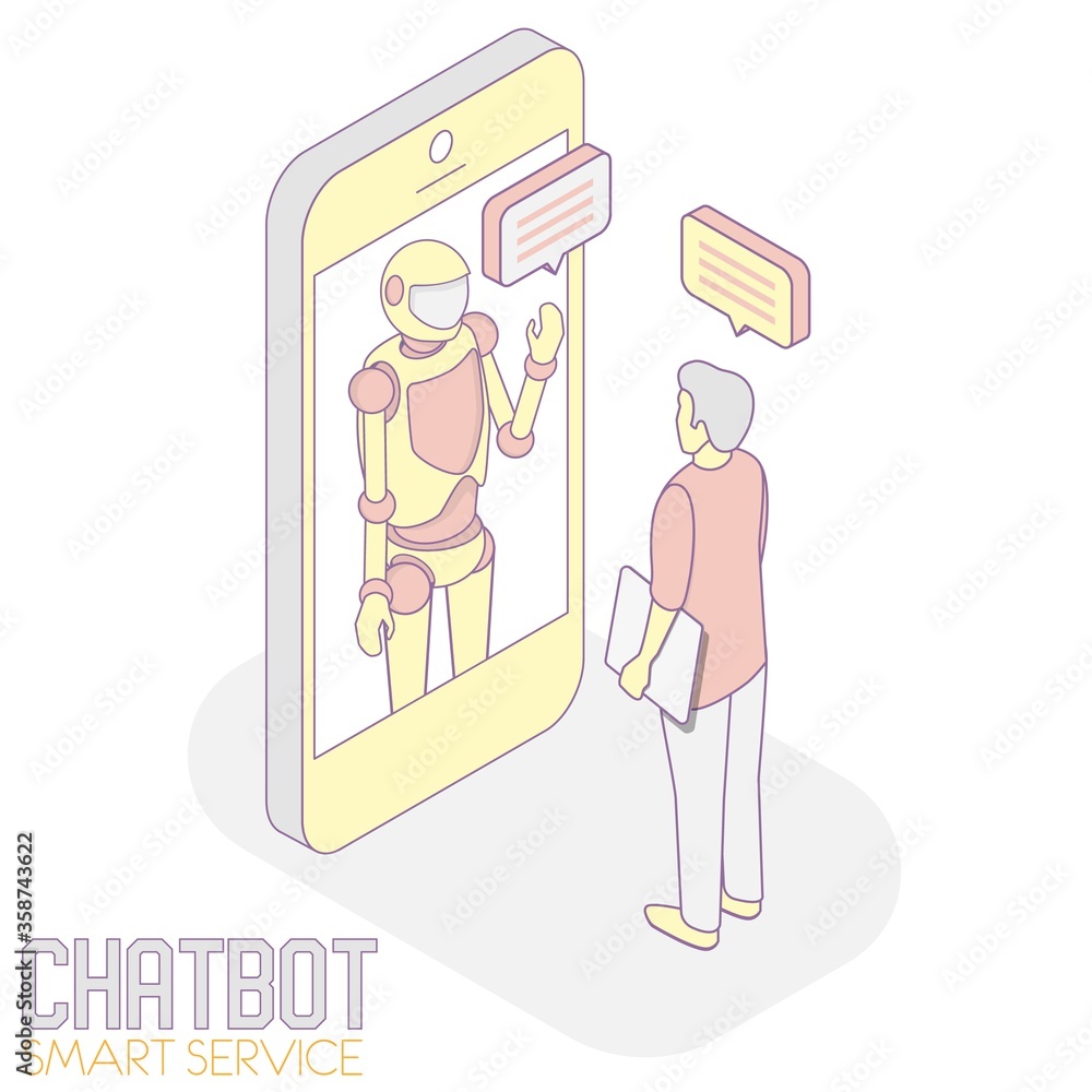 Poster chatbot customer service robot concept vector isometric illustration. man chatting with chat bot rea