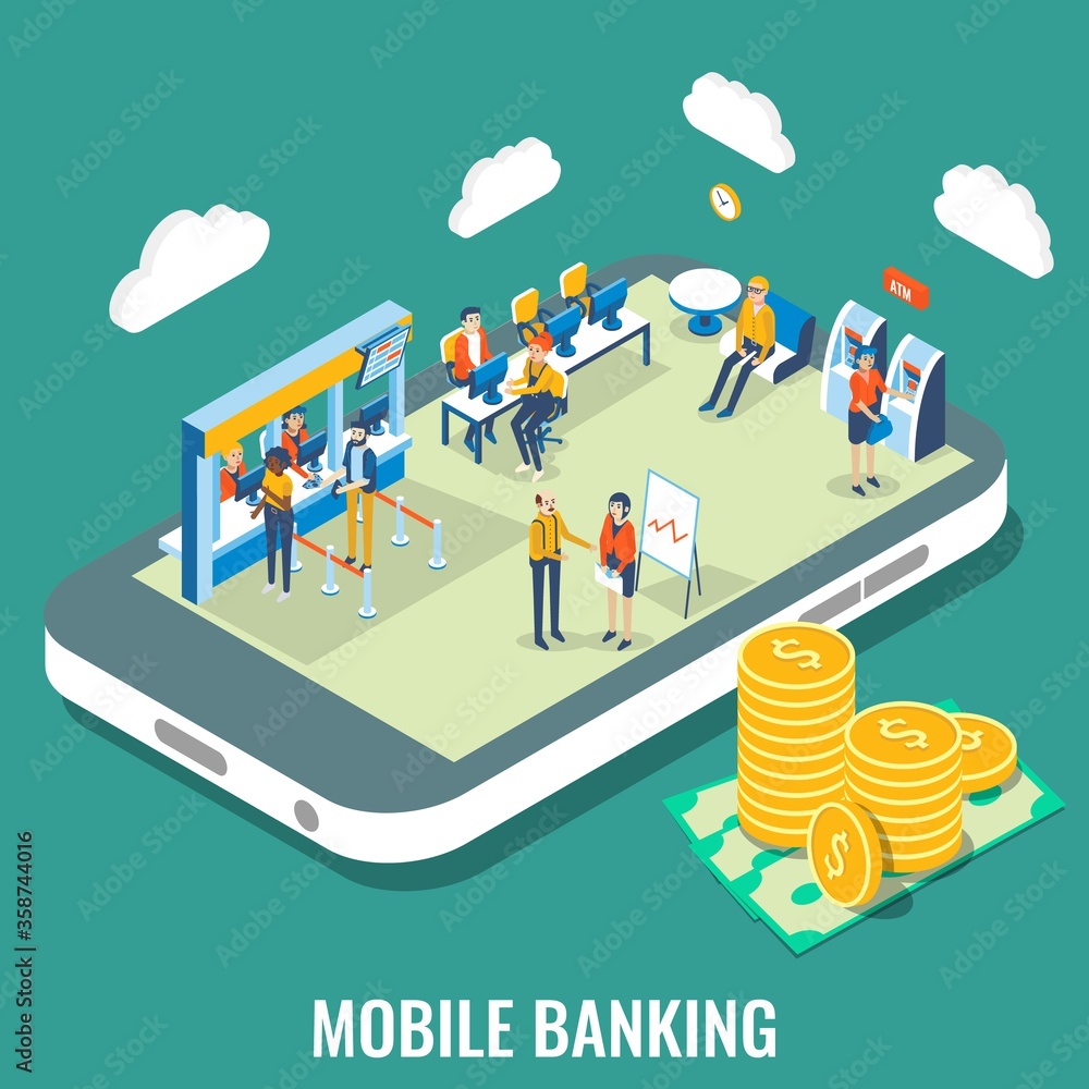 Poster mobile banking vector flat 3d isometric illustration. bank employees and customers on smartphone scr