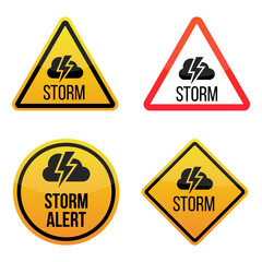 Storm weather alert. Warning signs labels. Yellow and red. Isolated on white background. EPS10