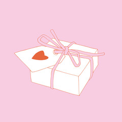 Present box line illustration with ribbon and tag with heart